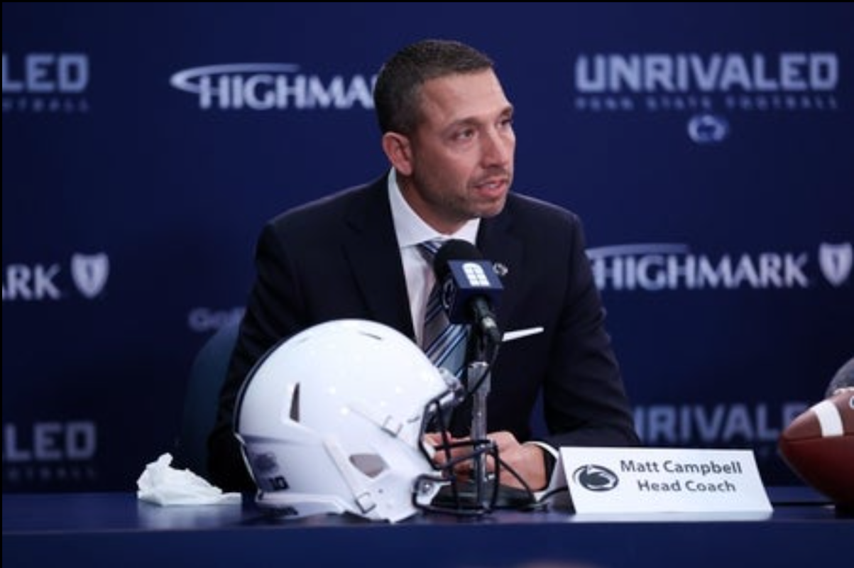 Dec 8, 2025; University Park, PA, USA; Matt Campbell answers questions from the media after being announced as the Penn State Nittany Lions new head coach during a press conference at the Beaver Stadium Press Room. Mandatory Credit: Matthew O'Haren-Imagn Images